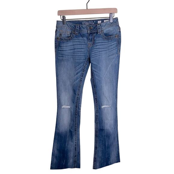 MISS ME Classic Mid Rise Blue Bootcut raw hem distressed  Jeans 26 - Picture 1 of 7